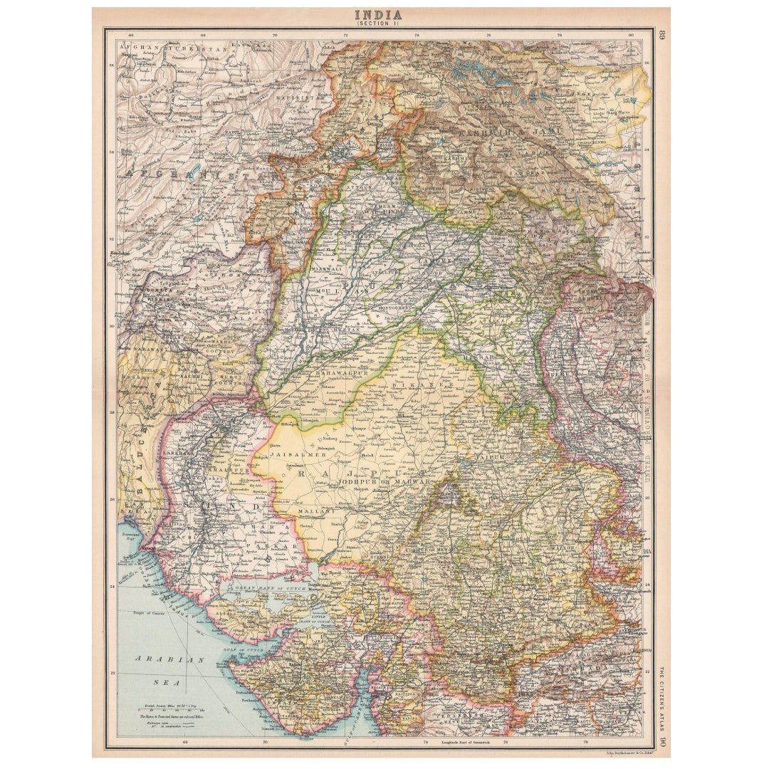 Original Antique Map 1912 - North West Frontier of British India: Rajputana, Punjab, Gujarat, Kashmir - ramblingsofasikh
