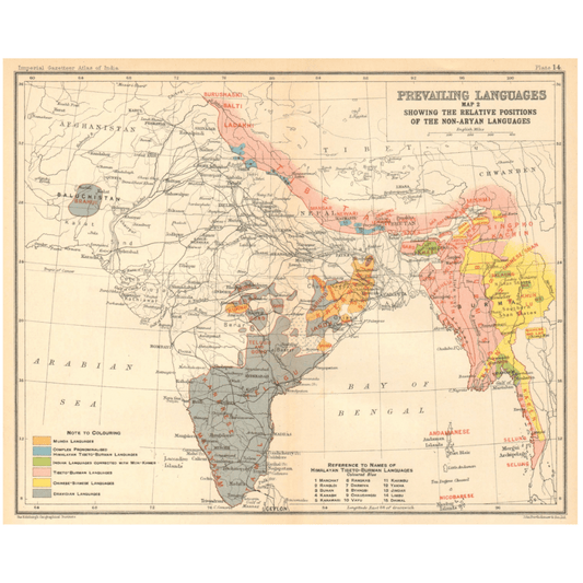 Original Vintage Map 1931 - Prevailing Languages of South Asia (Non - Aryan) - ramblingsofasikh