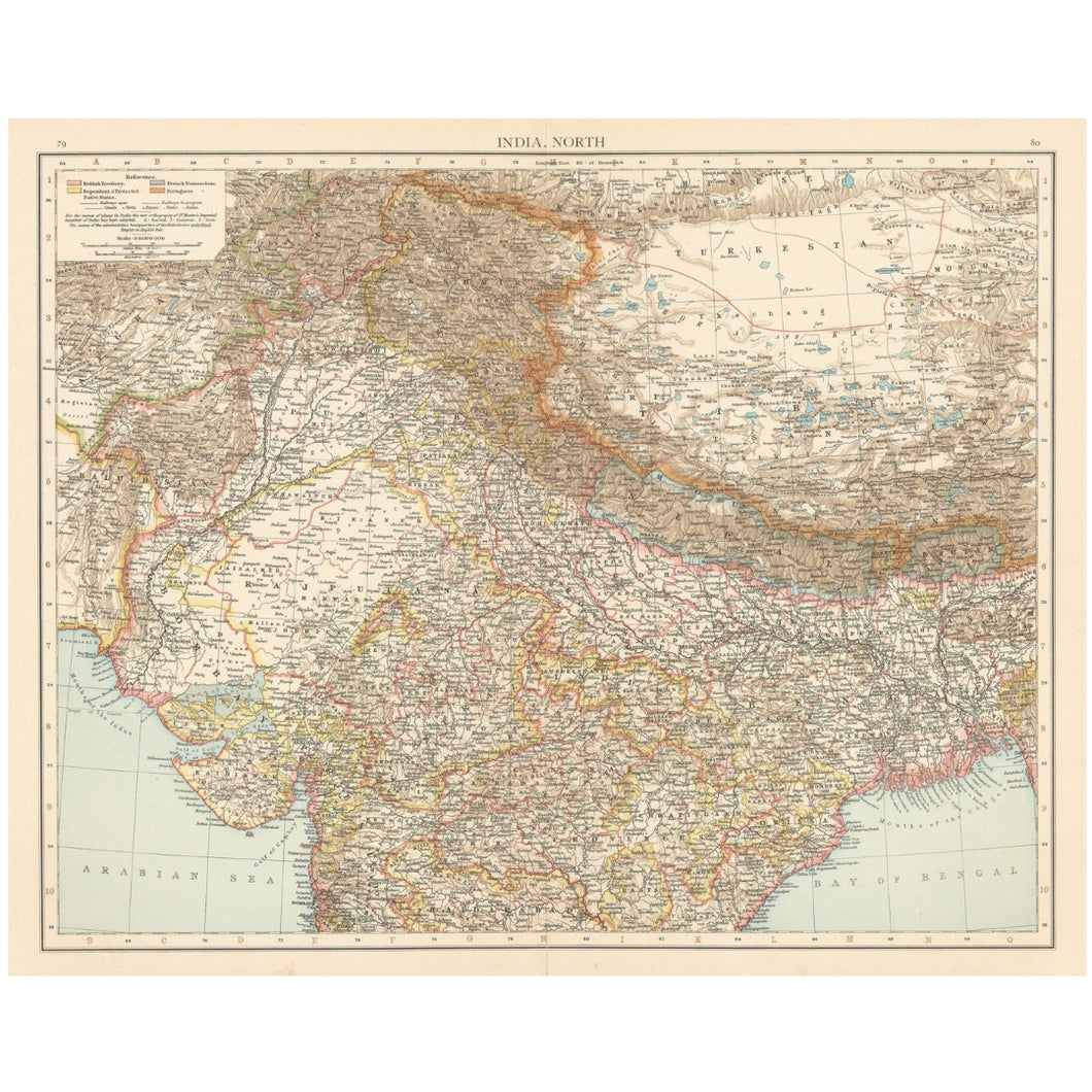 Original Antique Map 1895 - Northern India: British, French, Portuguese, and Native States