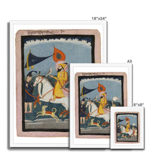 Load image into Gallery viewer, Guru Gobind Singh Ji on horseback, accompanied by three akalis on foot. Mid 19th-century.  Framed Print - ramblingsofasikh
