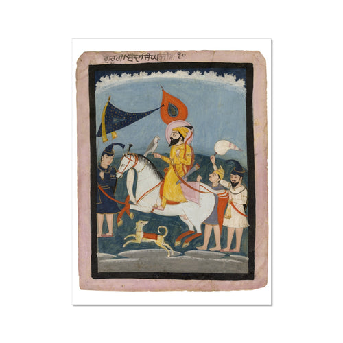 Guru Gobind Singh Ji on horseback, accompanied by three akalis on foot. Mid 19th-century.  Fine Art Print - ramblingsofasikh