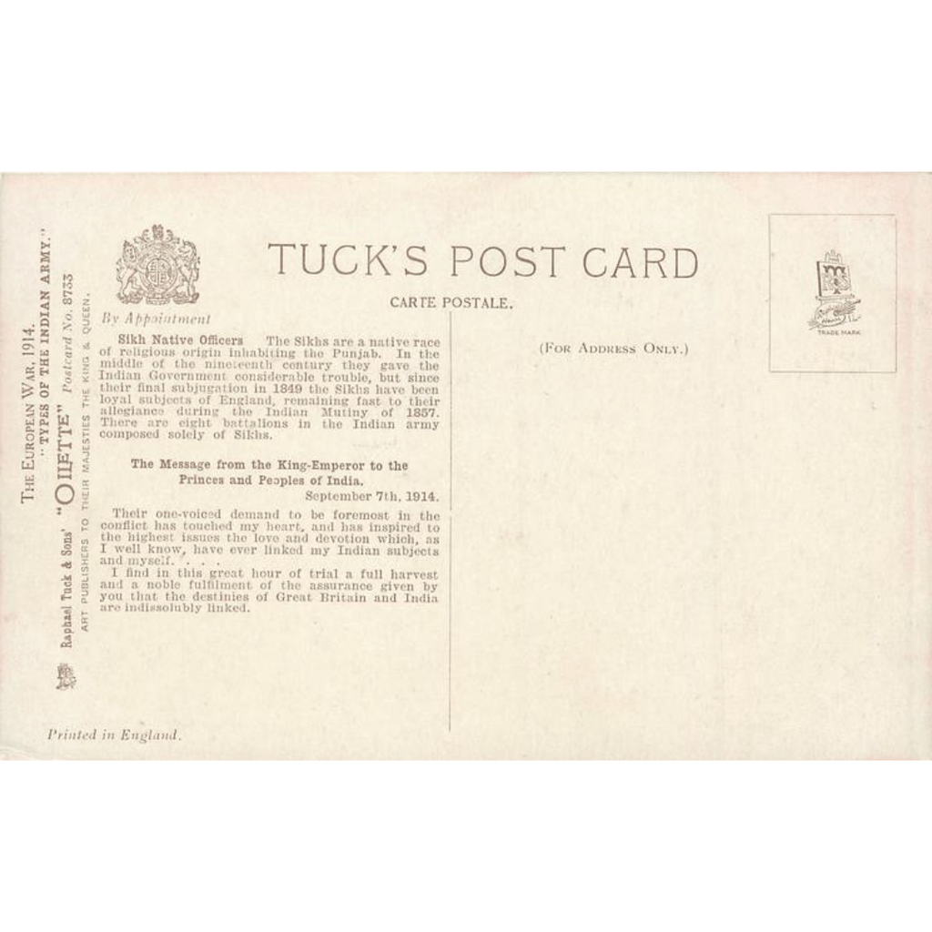 No 8733. Group of Sikh Native Officers. Tuck's - Unused Antique Postcard - ramblingsofasikh