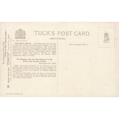 No 8733. Group of Sikh Native Officers. Tuck's - Unused Antique Postcard - ramblingsofasikh