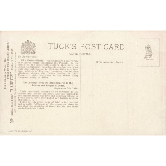 No 8733. Group of Sikh Native Officers. Tuck's - Unused Antique Postcard - ramblingsofasikh