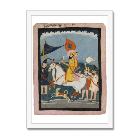 Guru Gobind Singh Ji on horseback, accompanied by three akalis on foot. Mid 19th - century. Framed Print - ramblingsofasikh