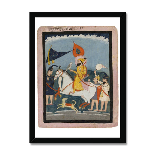 Guru Gobind Singh Ji on horseback, accompanied by three akalis on foot. Mid 19th - century. Framed Print - ramblingsofasikh