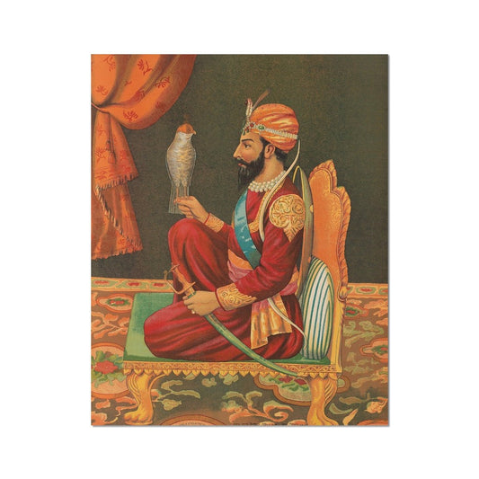 Guru Gobind Singh Ji with a Falcon, Chitra Shala Steam Press, Poona, circa 1900s Fine Art Print - ramblingsofasikh