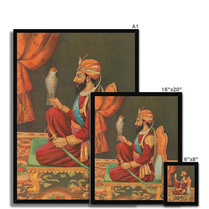 Guru Gobind Singh Ji with a Falcon, Chitra Shala Steam Press, Poona, circa 1900s Framed Print - ramblingsofasikh