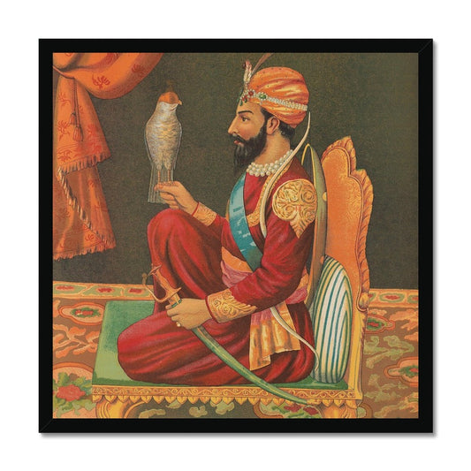 Guru Gobind Singh Ji with a Falcon, Chitra Shala Steam Press, Poona, circa 1900s Framed Print - ramblingsofasikh
